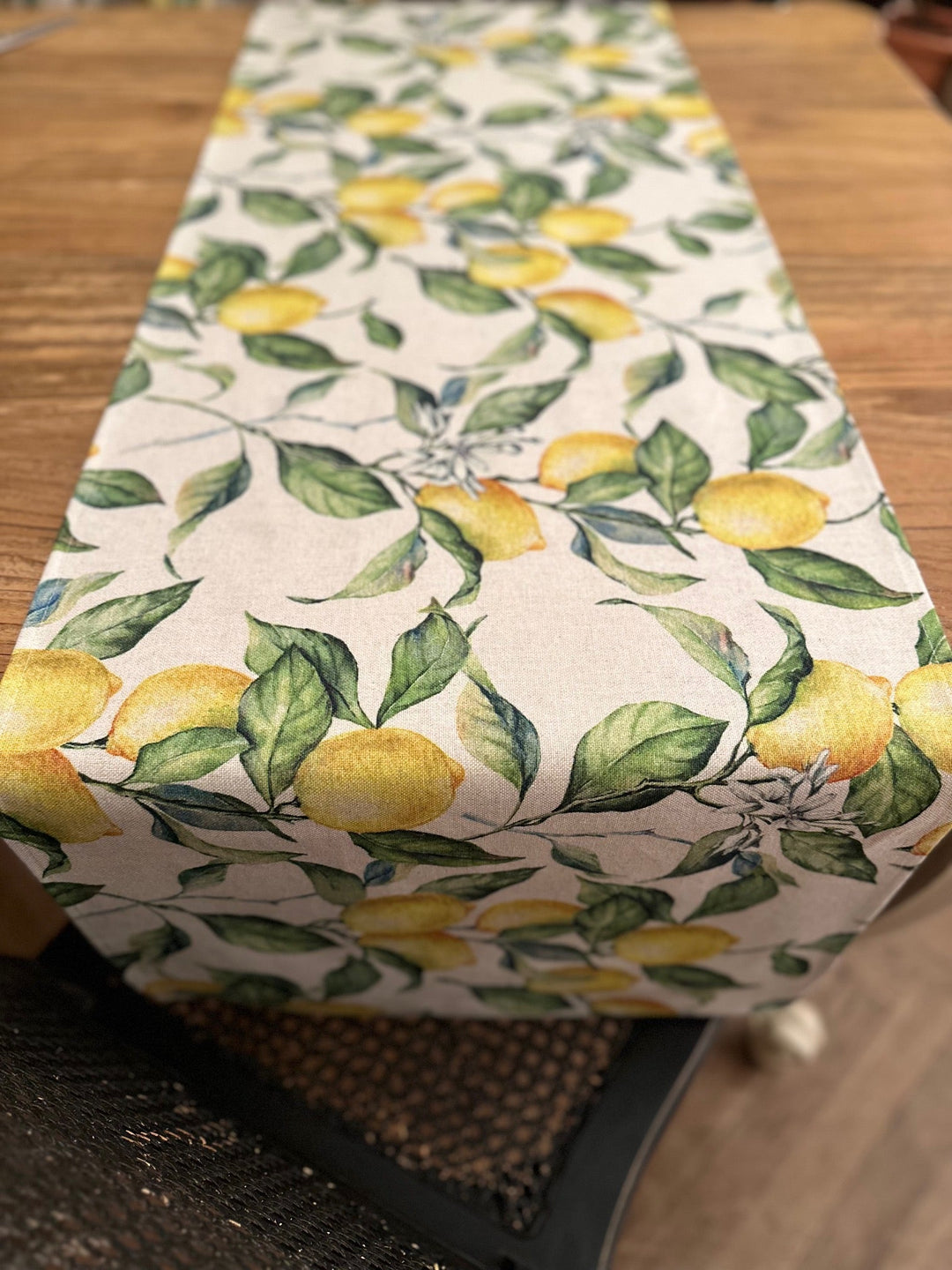 Enkel bordløber, hør-bomuldsblanding, printet, Lemon Linen kollektion