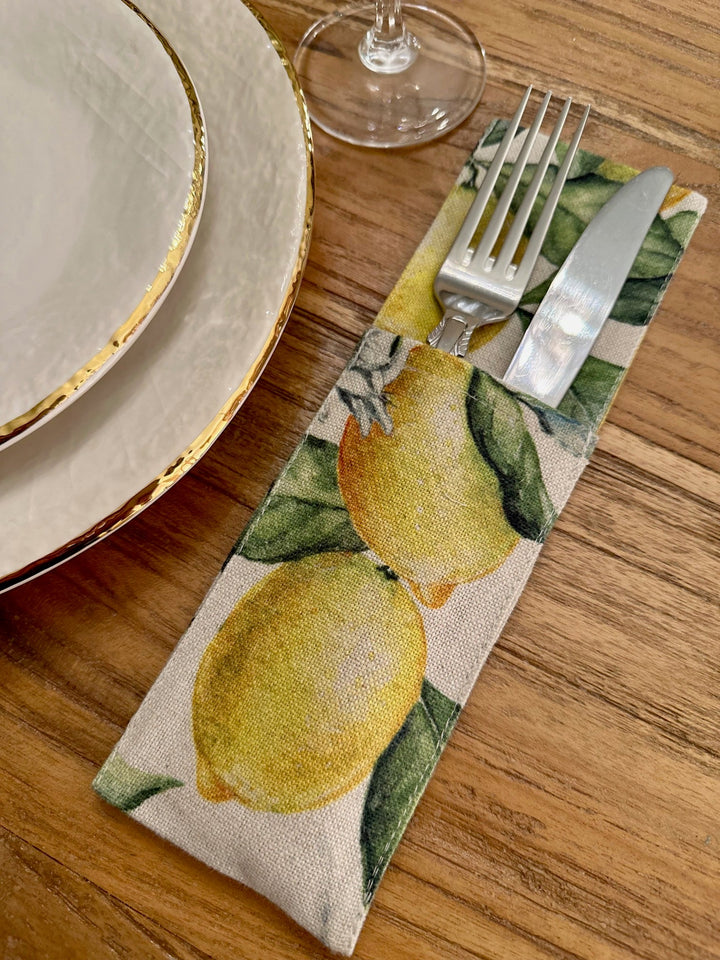 Bestikholder, bomuld-hør-blanding, printet, Lemon Linen kollektion