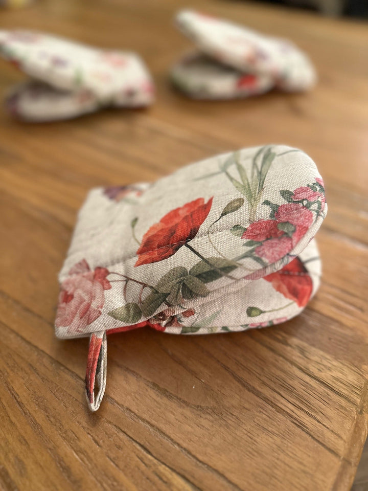 Lille ovnhandske med dobbelt uldfyld, i bomuld og hør, Blossom kollektion