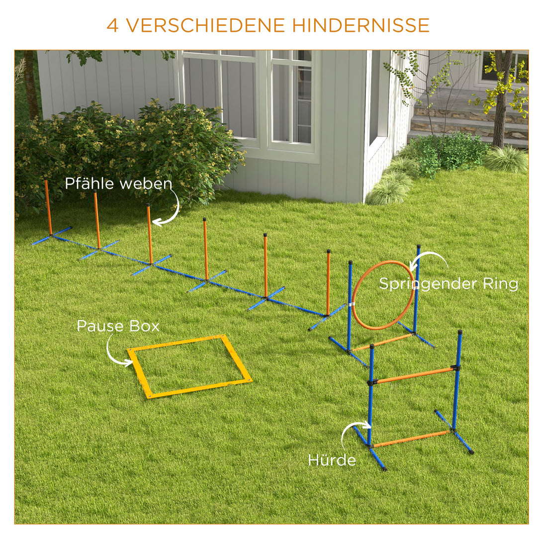 Hundeagilitysæt, forhindringsbane til hunde, 1 dæk, 1 hækkeløb, 1 slalomsæt, 352 cm x 66 cm x 69 cm, blå + rød