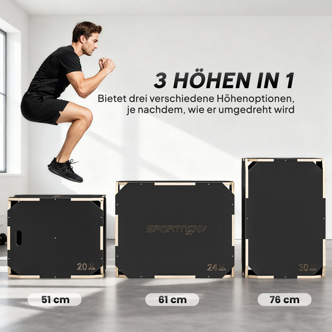 3-i-1 Plyo Box, hoppeboks med håndtagsåbninger, til hjemmefitness og udendørs træning, 3 hoppehøjder, træ, sort