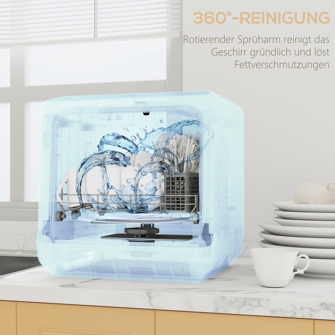 Mini opvaskemaskine med 6-liters tank, 5 programmer, led-display, tørrefunktion, hvid