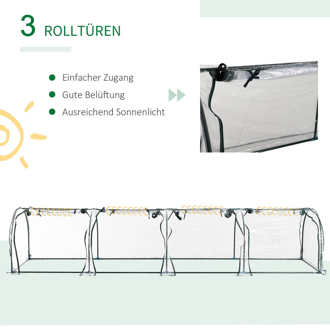 Tunneldrivhus, 4 vinduer med lynlåse, stålramme, robust presenning, transparent, 395 x 100 x 80 cm