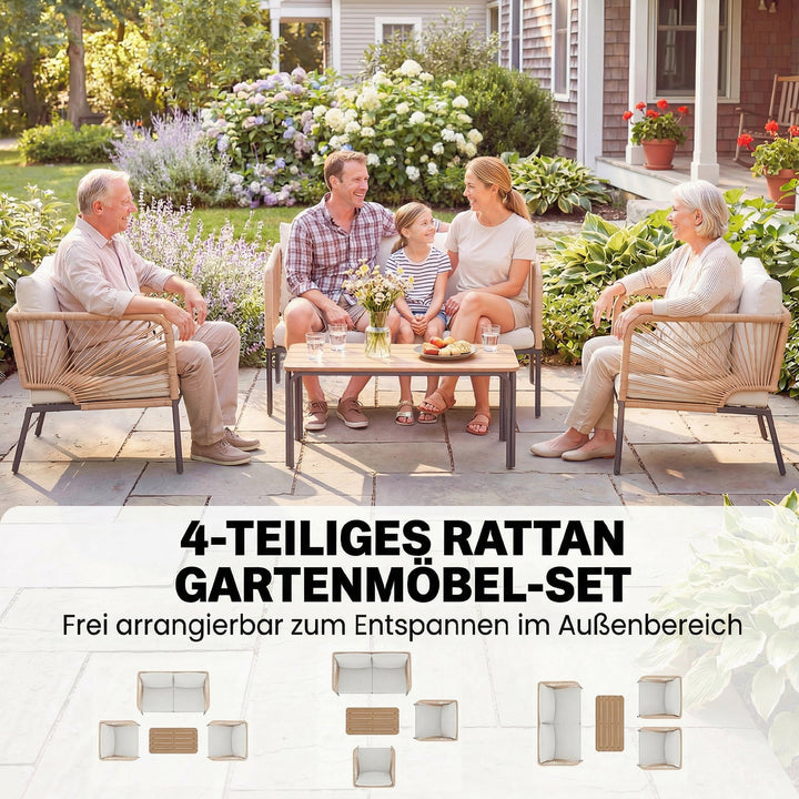Havemøbelsæt, vejrbestandigt, til 4 personer, med 2-personers sofa, 2 lænestole, WPC lamelbord, metal, PE-rattan, hvid