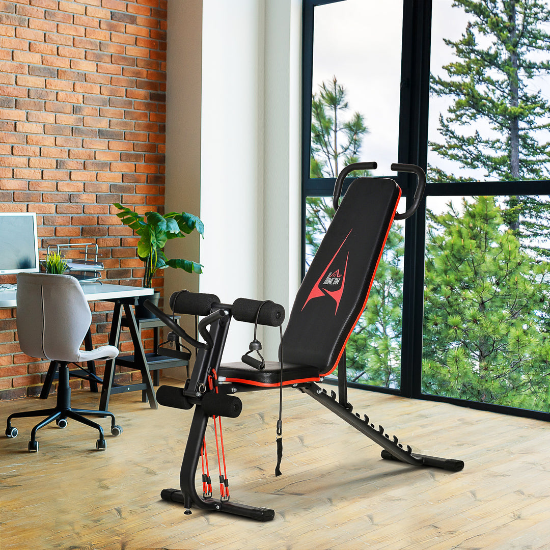 Vægtbænk justerbar træningsbænk med elastisk reb siddebænk til hjemmetræning 6 niveauer ryglæn skråvægt op til 150 kg stål kunstlæder sort+rød 145 x 49 x 48-127 cm