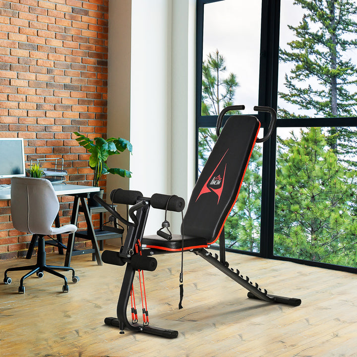 Vægtbænk justerbar træningsbænk med elastisk reb siddebænk til hjemmetræning 6 niveauer ryglæn skråvægt op til 150 kg stål kunstlæder sort+rød 145 x 49 x 48-127 cm