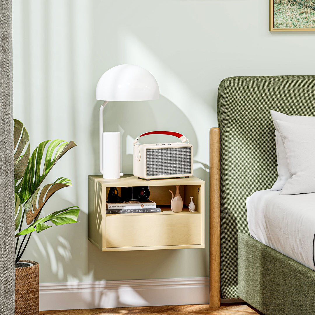 2-Delt vægmonteret natbordssæt, sengebord, natbord, spånplade, naturlig, 45 x 35 x 27,5 cm