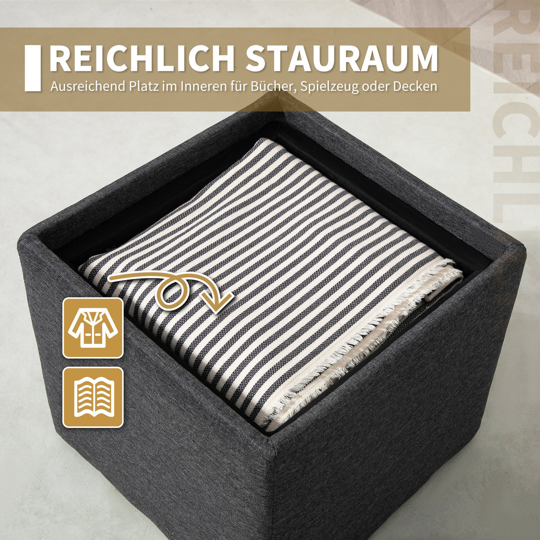 Opbevaringsfodskammel, fodskammel, polstret fodskammel, aftageligt låg, betræk i hørlook, 42 x 42 x 41 cm, mørkegrå