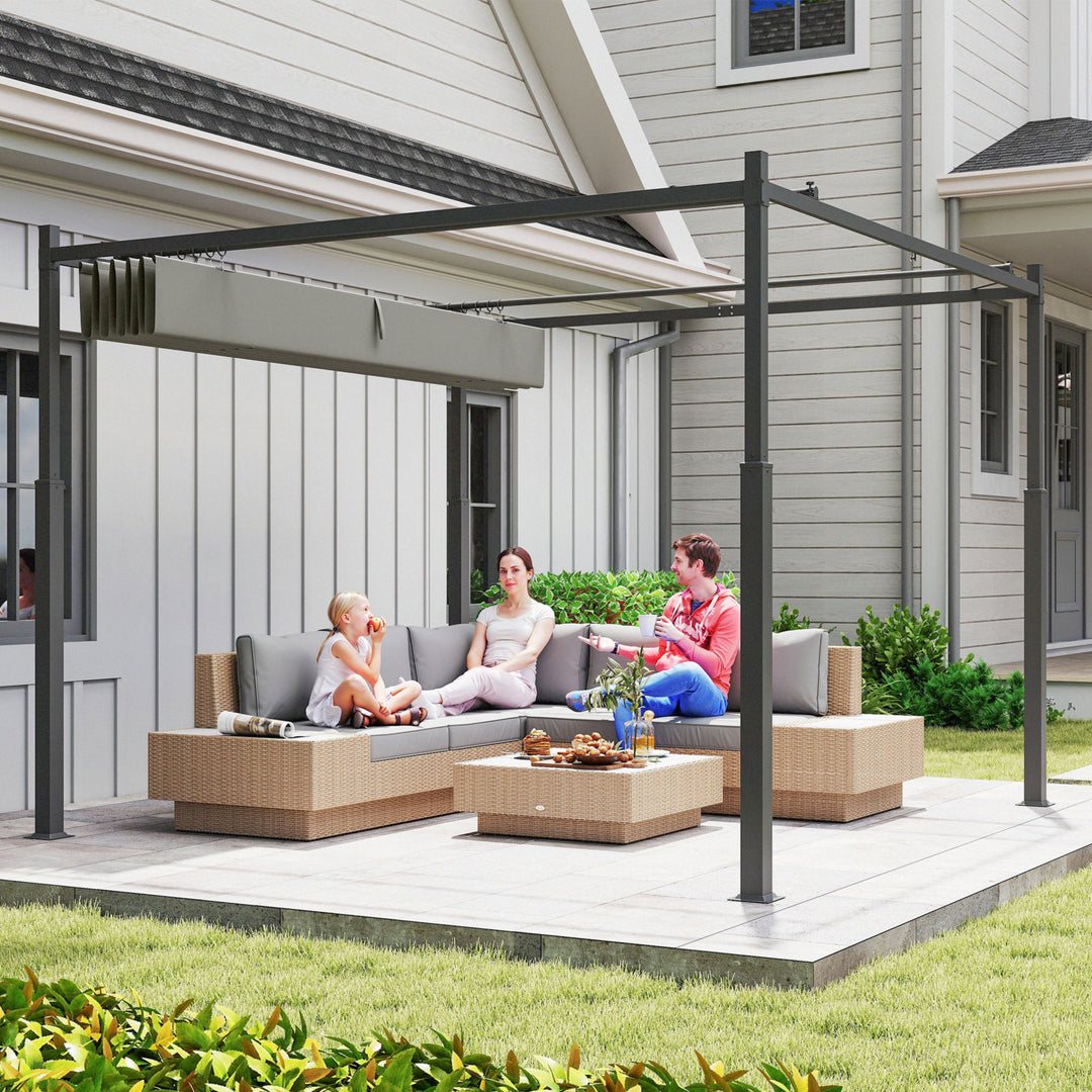 Pergola ca. 3x3 m, fritstående terrasseoverdækning med skydetag, magnetisk pude, 8 cm søjle, UV-bestandig