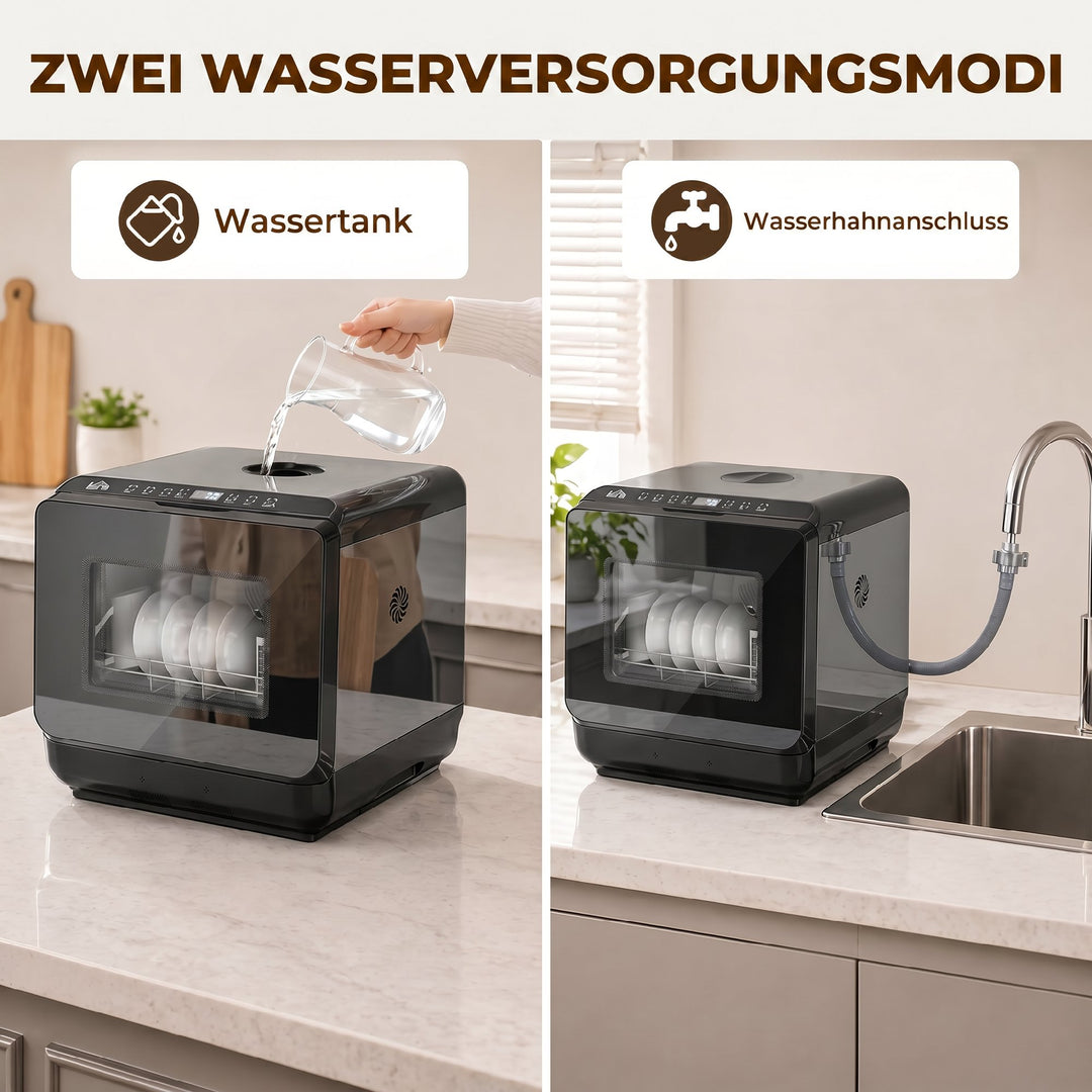 Bordopvaskemaskine, miniopvaskemaskine med 6-liters tank, 5 programmer, LED-display, tørrefunktion, sort