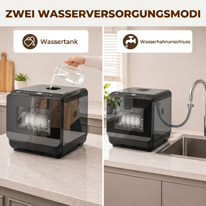 Bordopvaskemaskine, miniopvaskemaskine med 6-liters tank, 5 programmer, LED-display, tørrefunktion, sort