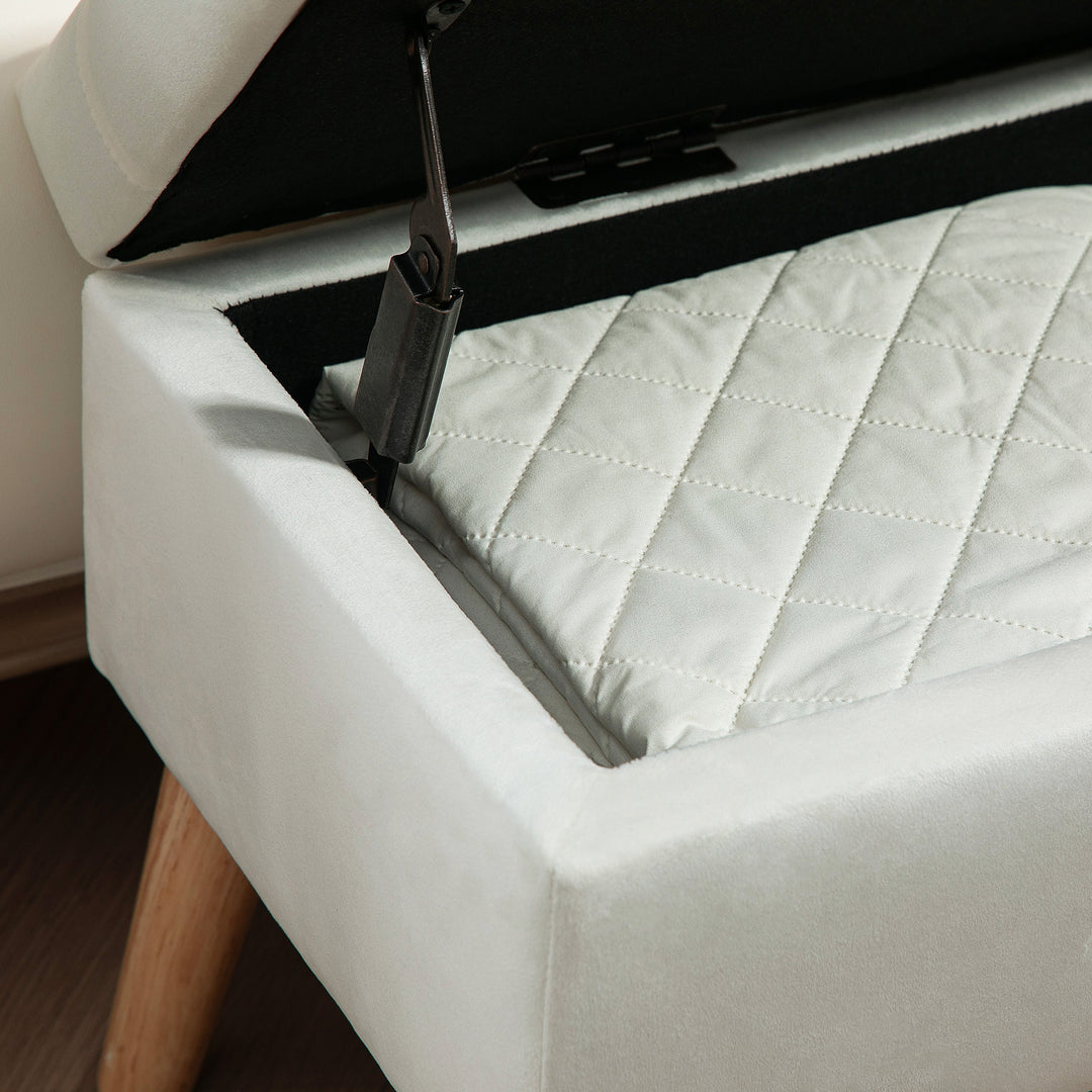 Polstret bænk med opbevaring, betræk af fløjlsstof, træben, til stue, soveværelse, entré, 80 x 35 x 40 cm, hvid