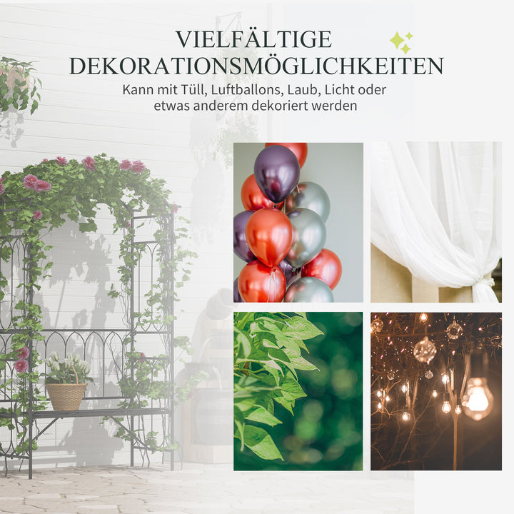 Rosenbue med bænk, rosenbænk, lysthusbænk, filosofbænk, espalier, klatrehjælp, havebænk, metal, sort, 115 x 50 x 203 cm