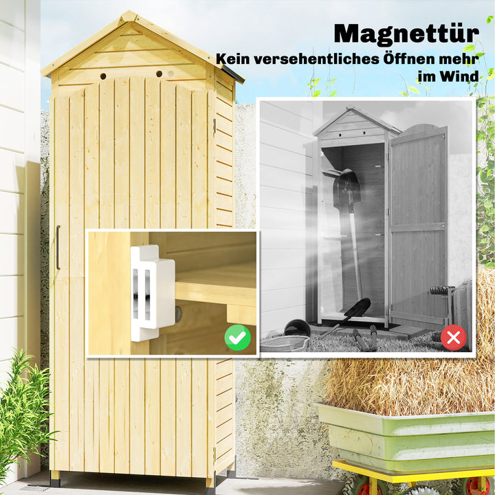 Haveskab i træ med justerbar hylde, magnetisk dør, galvaniseret tag, ventilation, 85x58x213 cm, naturtræ