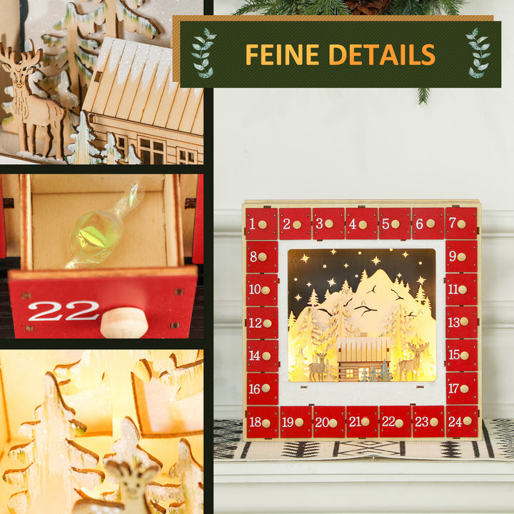 Led-julekalender med landsbyscene, 24 store skuffer, mdf, 34 x 7 x 34 cm, rød