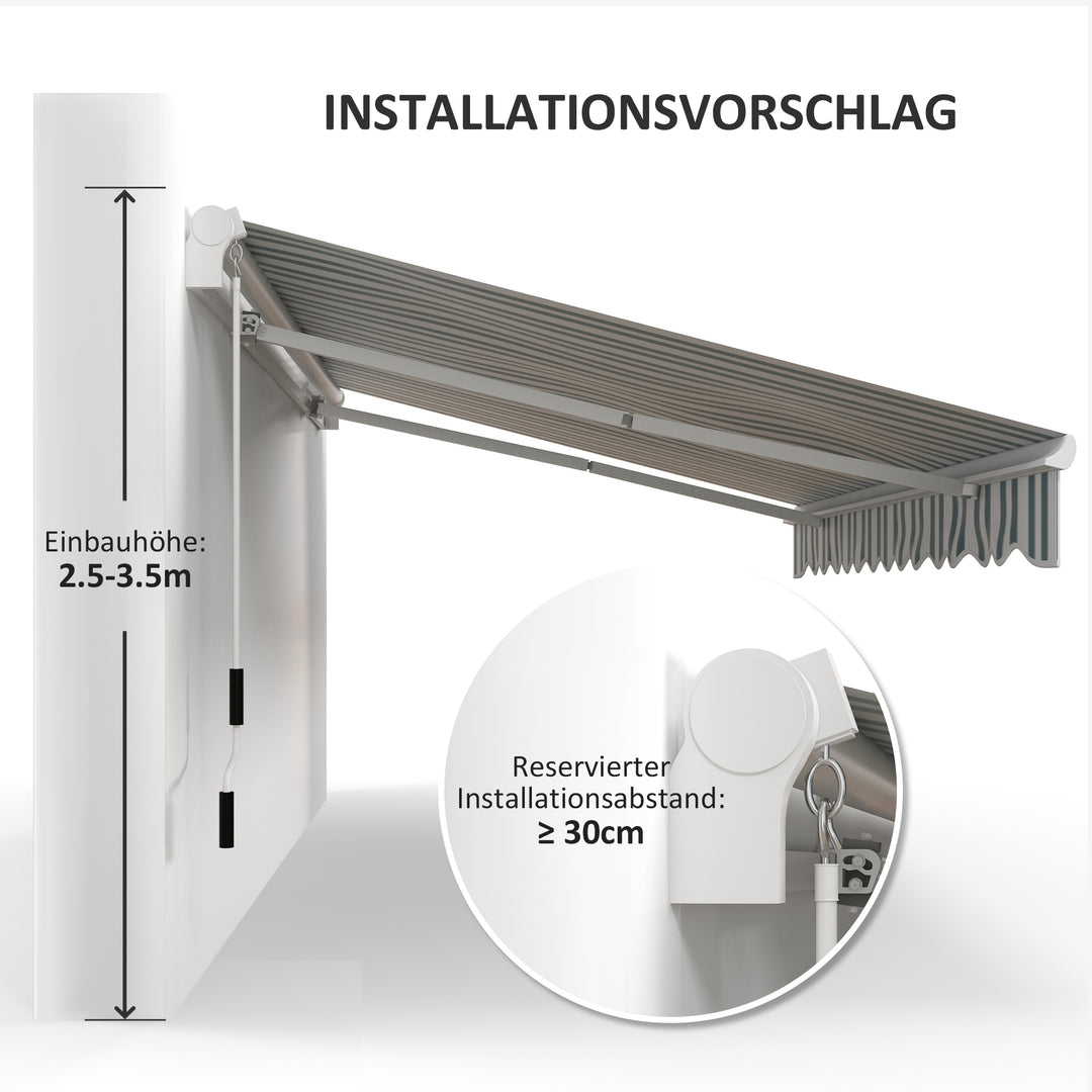 Markise, solsejl, udtrækkelig, med håndsving, metalramme, polyester, hvid+grøn, 3,95 x 2,45 m