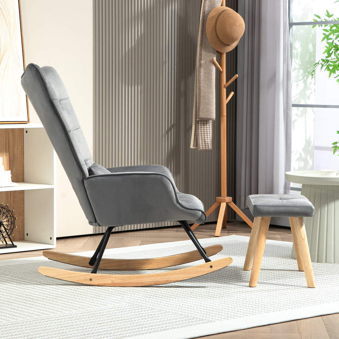 Accentstol med fodskammel, polstret, høj ryg, fløjlslook, op til 150 kg, mørkegrå