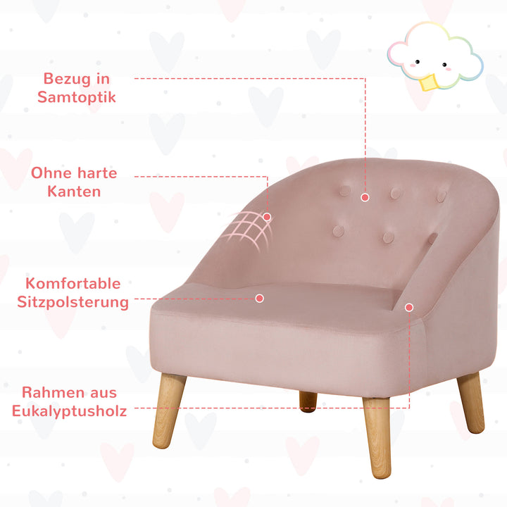 Børnelænestol med fodskammel til børn i alderen 3 til 5 år. Sødt design, fløjlslook. 51 cm x 51 cm x 50 cm. Lyserød.