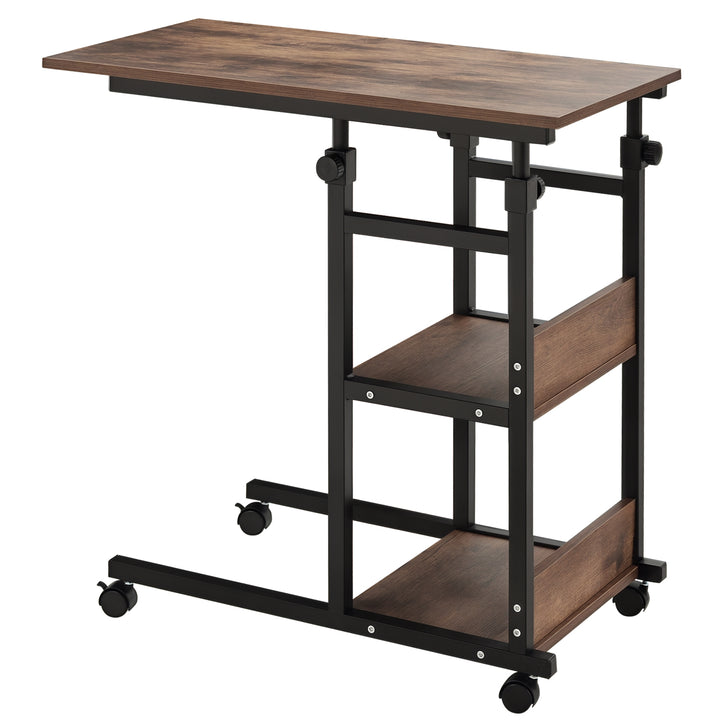 Sidebord med hjul, højdejusterbart, kompakt, 2 hylder, metalstel, 80x40x72-82 cm, brun/sort