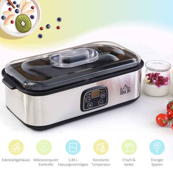 Græsk yoghurtmaskine med låg, 8 BPA-fri glasbeholdere (180 ml hver), med LCD-display og timer, til op til 1,4 liter yoghurt, 25 W, sølv