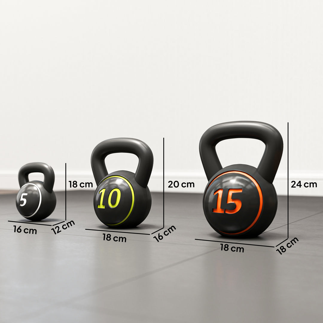 Kettlebell-sæt, 3 kettlebells 2,2 kg/4,5 kg/6,8 kg, plastikhus, sort