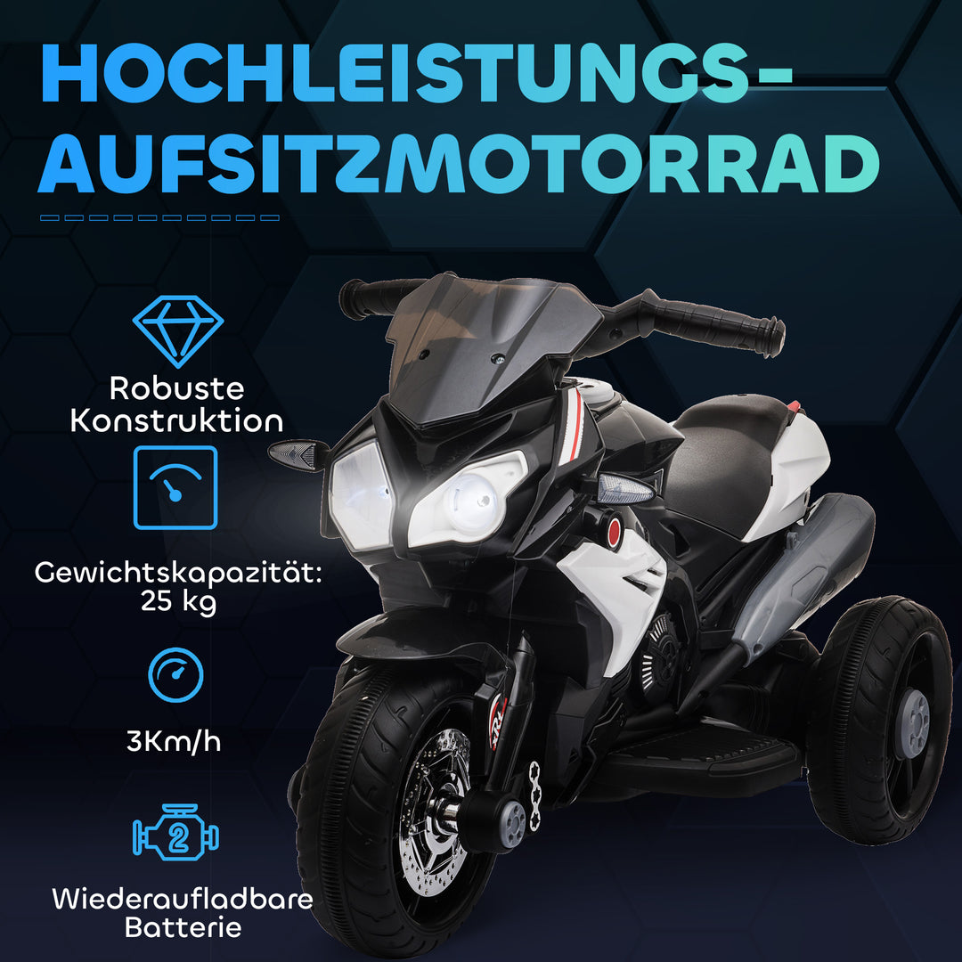 Elektrisk børnemotorcykel, lys og lyd, 3 km/t, genopladelig, plast og metal, sort/hvid