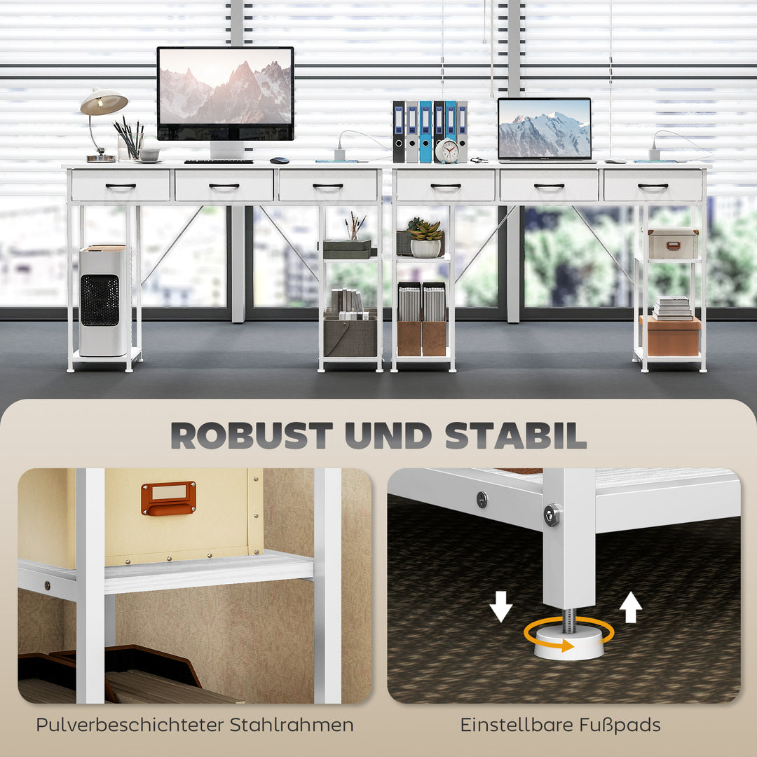 Køkkenbord med 2 USB-opladeporte, 2 stikkontakter, justerbare hylder, 3 stofskuffer, 120x40x76 cm, hvid