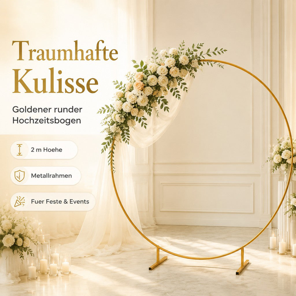 2m rund ballonbue med blomstermønster, guldfod, ramme, bryllup, ny