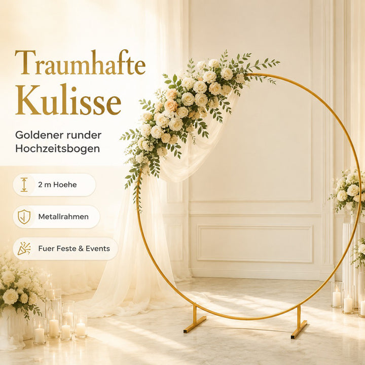 2m rund ballonbue med blomstermønster, guldfod, ramme, bryllup, ny