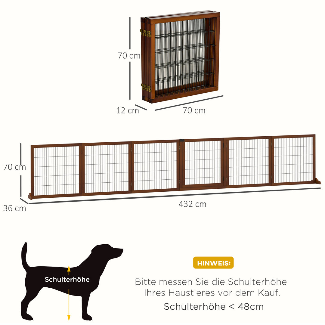 Sammenklappelig hundegitter, fyrretræ, 432 x 36 x 70 cm, kaffe