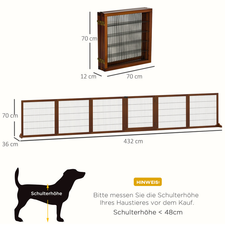 Sammenklappelig hundegitter, fyrretræ, 432 x 36 x 70 cm, kaffe