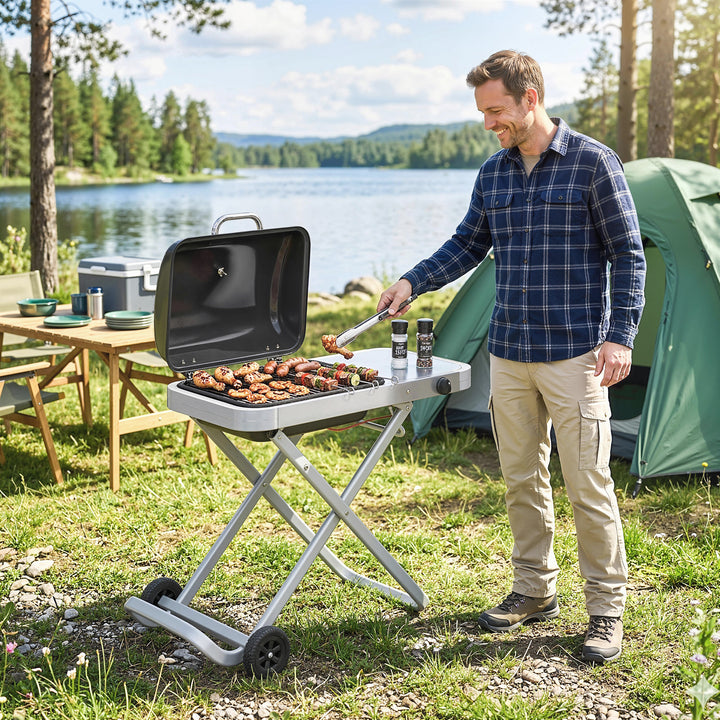 Bærbar gasgrill, 1 brænder, 2,5 kW, grillvogn med foldbar vogn, grillrist, sidebord, låg, termometer