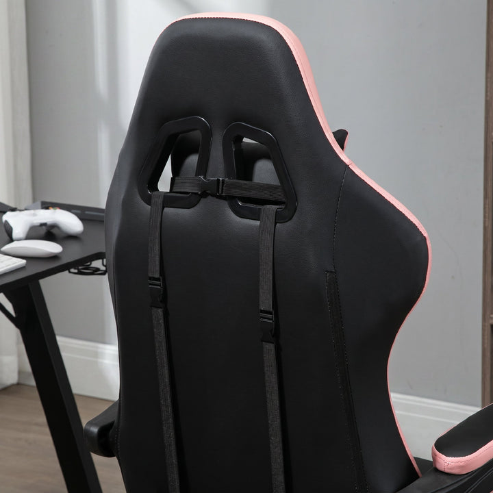 Kontorstol, gamingstol, 1 nakkestøtte, 1 lændestøtte, pink + sort