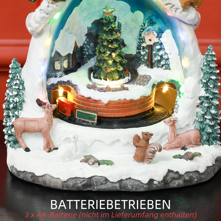 Snemandsformet julelandsby med kørende tog, led-lys og musik, festlig borddekoration, flerfarvet