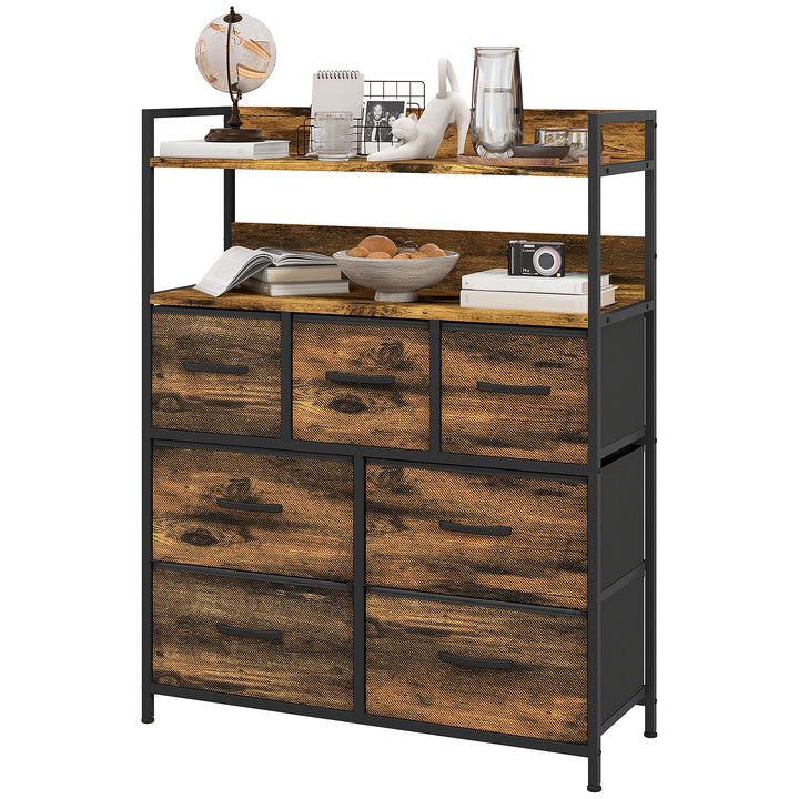 Stofkommode, 7 foldbare skuffer, 2 hylder, stålramme, brun