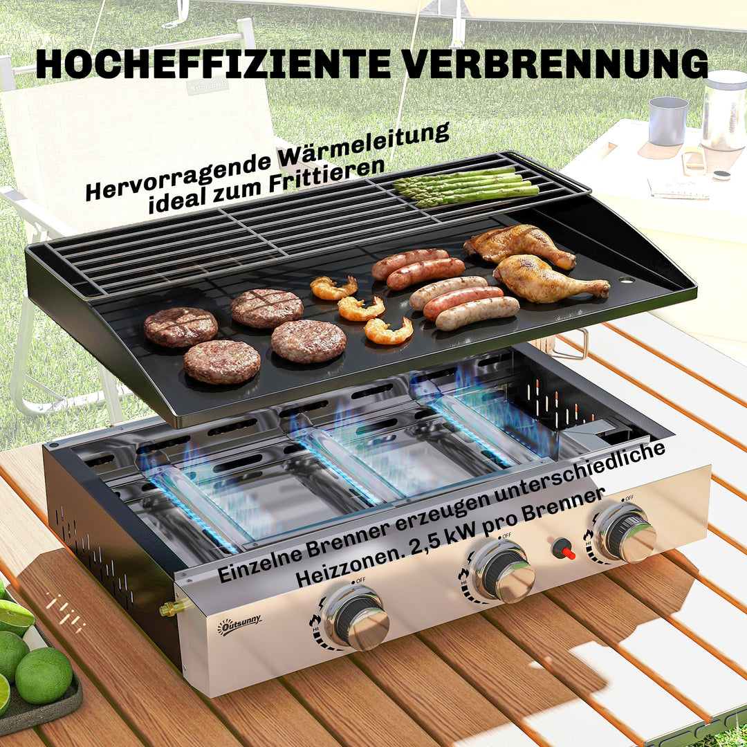 Gasgrill 7,5 KW Bærbar bordgrill med 3 brændere Keramisk belægning Grillrist Varmeplade
