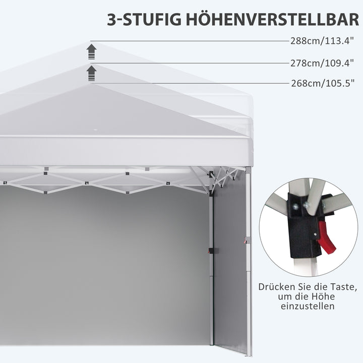 Foldbar pavillon, 2 sidepaneler, højdejusterbar, med bæretaske, stel i rustfrit stål, 3x3 m, hvid