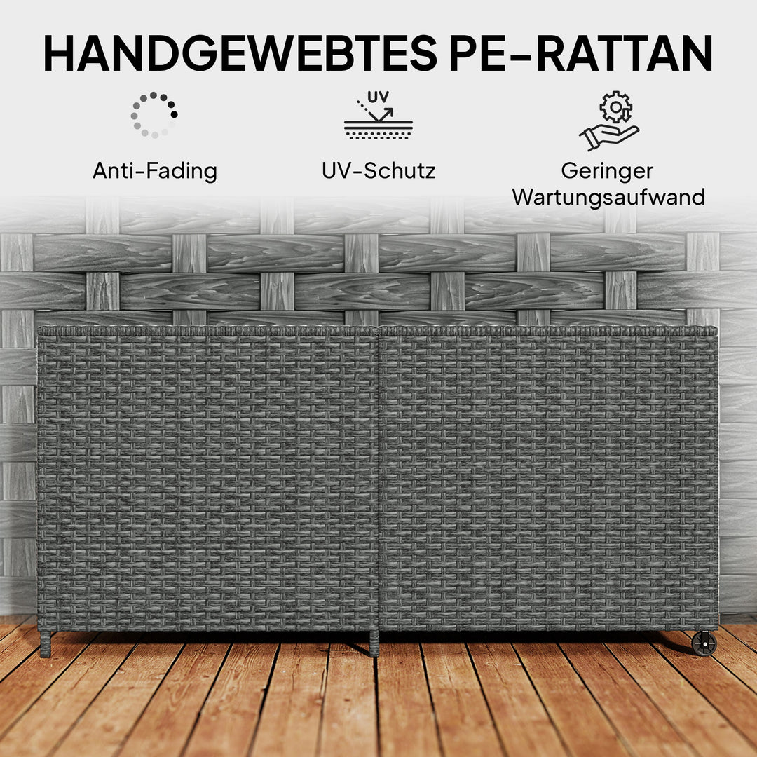 Rattan opbevaringskasse 650L, vejrbestandig, UV-bestandig, hyndekasse med låg, hjul, opbevaringsplads 150 x 75 x 74 cm, mørkegrå
