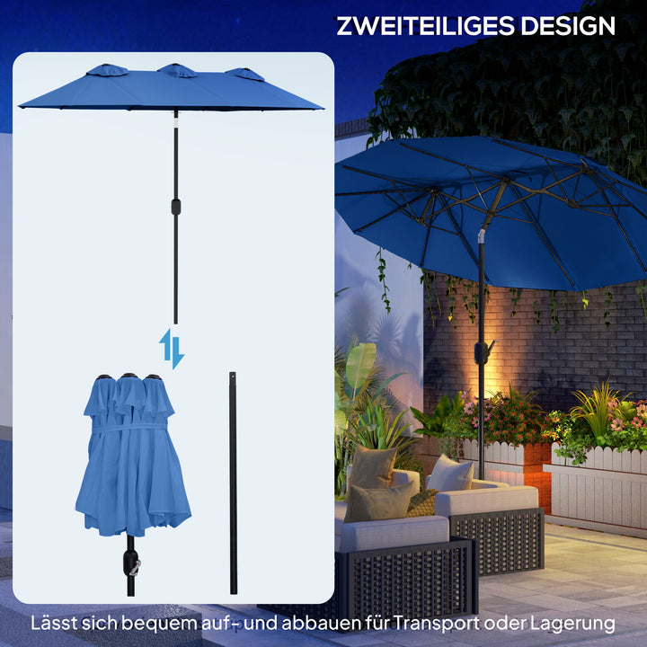 Parasol, haveparasol, vipbar, med håndsving, vindfang, polyester+stål, marineblå, 285 x 147 cm