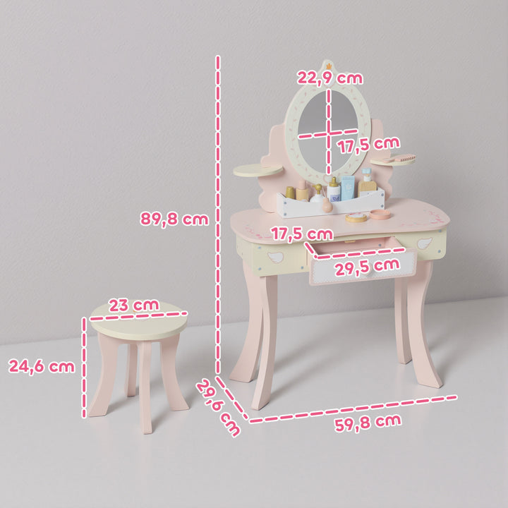 Børnesminkebord, stol, skuffe, aftageligt spejl, børneskrivebord med 7 tilbehør, 2-i-1 design, MDF, pink