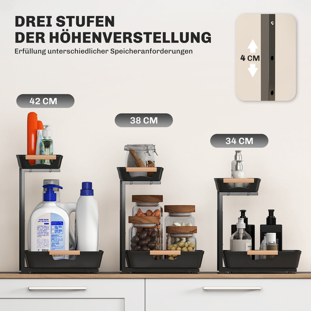 Køkkenreol, højdejusterbar stående reol med 2 kurve, kaffebar 40 x 30 x 33,5-42 cm