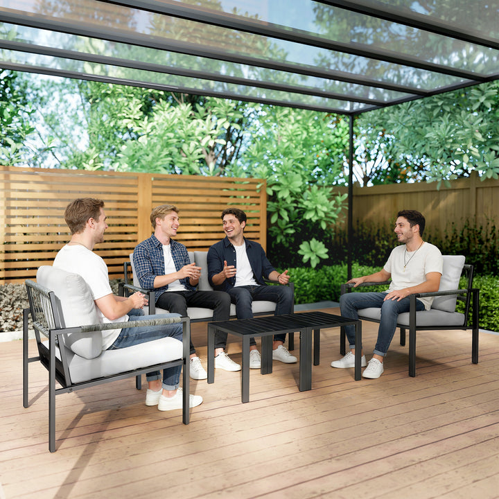 Havemøbelsæt til 4 personer, vejrbestandigt balkonmøbelsæt med 2-personers sofa, lænestol, sædehynder og sidebord, lysegrå