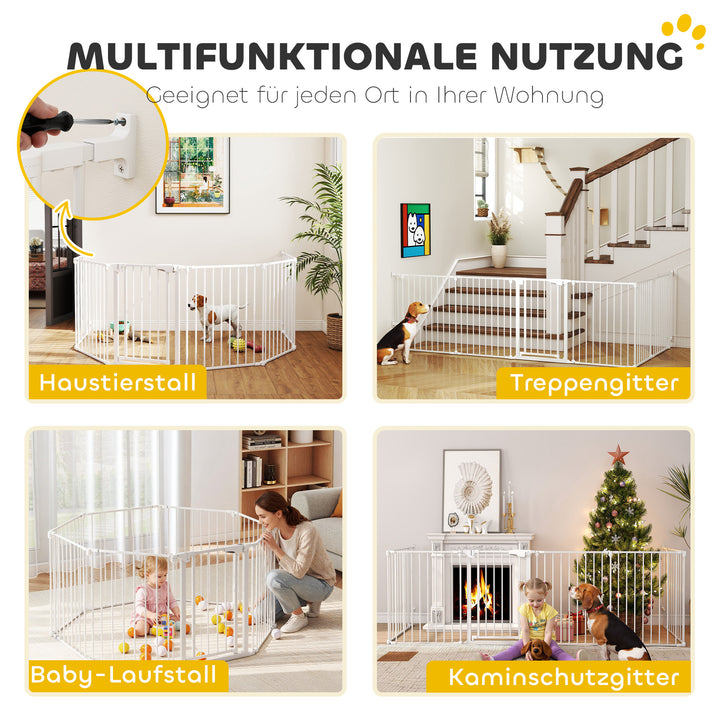 Kæledyrshegn, 6-panels barriere med dør, foldbar, til små og mellemstore hunde, plastik, kulstofstål, hvid