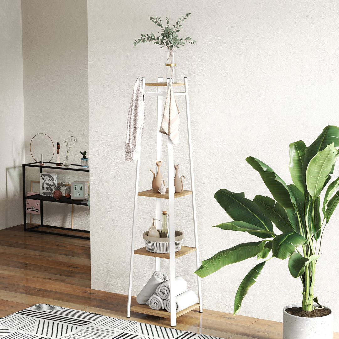 Tøjstativ, trapezformet design, tre etager, 8 dobbelte knager, stål, hvid+eg
