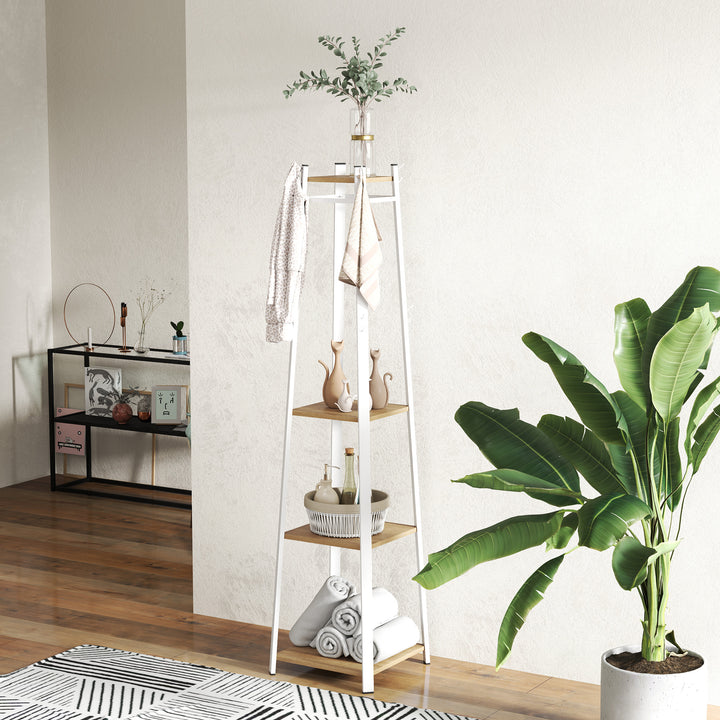 Tøjstativ, trapezformet design, tre etager, 8 dobbelte knager, stål, hvid+eg