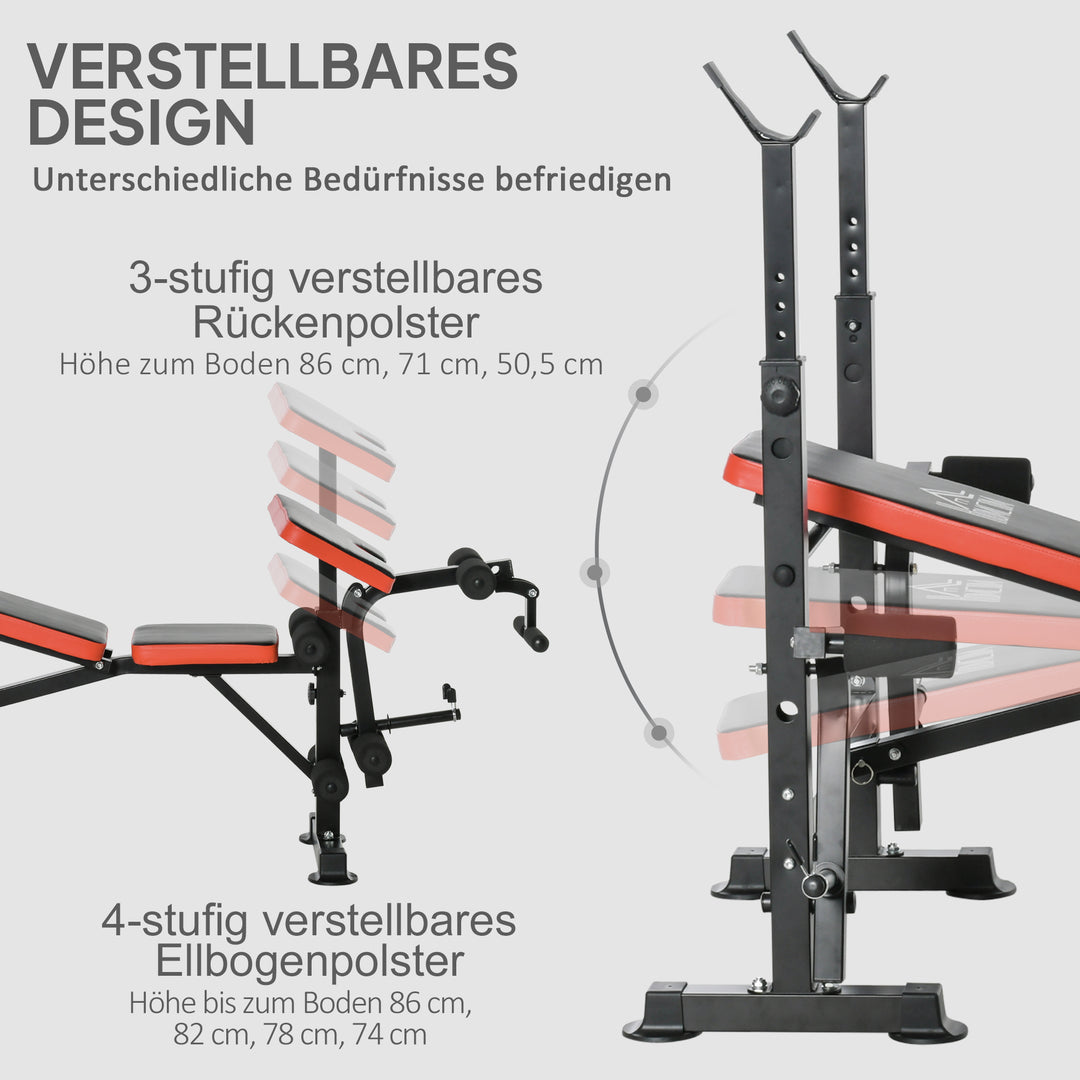 Vægtbænk uden vægte, justerbar fitnessbænk til adskillige øvelser, træningsstation, stål, plastik, sort+rød
