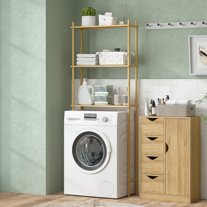 Toilethylde 3-lags badeværelseshylde, pladsbesparende naturtræ 69 x 25,5 x 181 cm