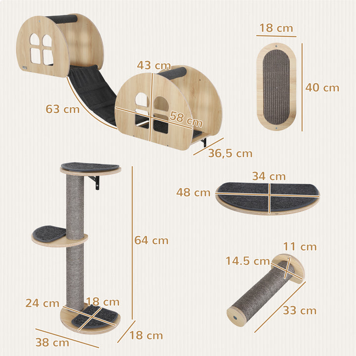 Klatrevæg til katte, 7-delt klatrevægsæt til katte med sisal stige, platform kradsetræ grå