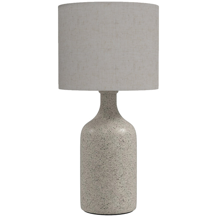 Vintage bordlampe med keramisk fod, sand og beige.
