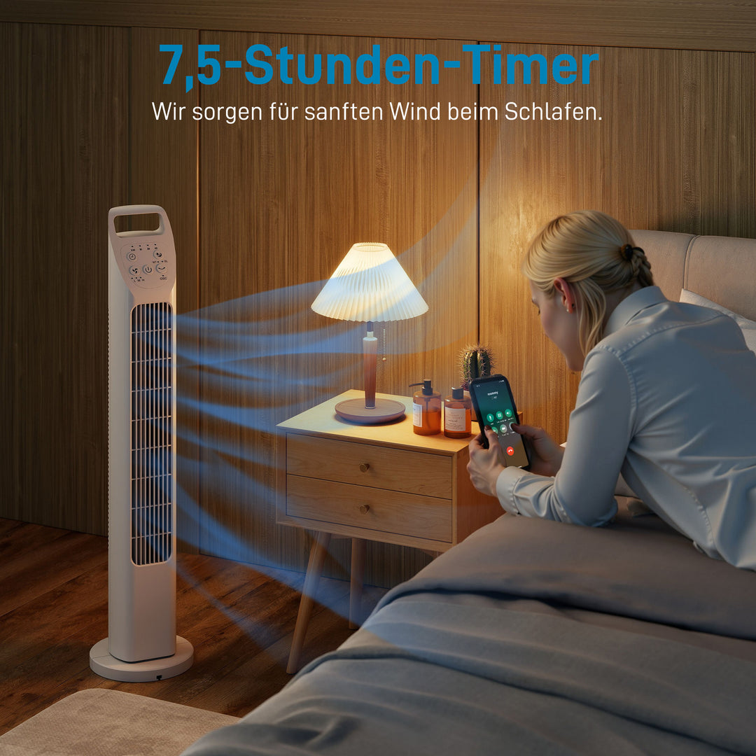 Tårnventilator med fjernbetjening, 7,5 timer, stille ventilator til soveværelset, hvid